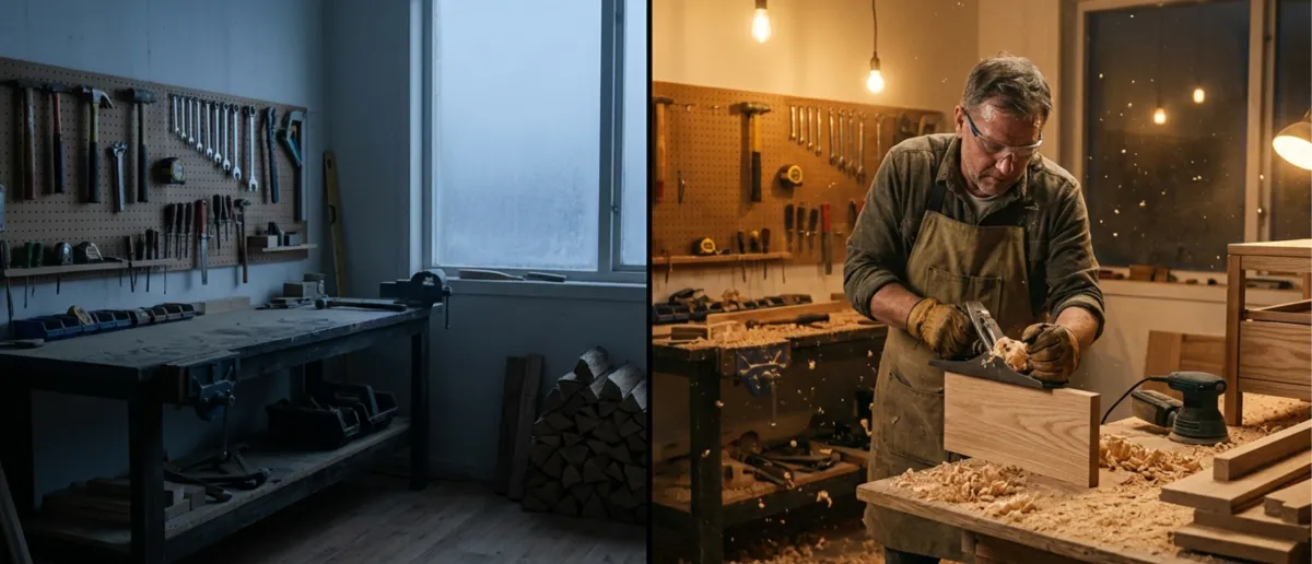Atelier d'artisan vide en période creuse comparé à un atelier plein d'activité