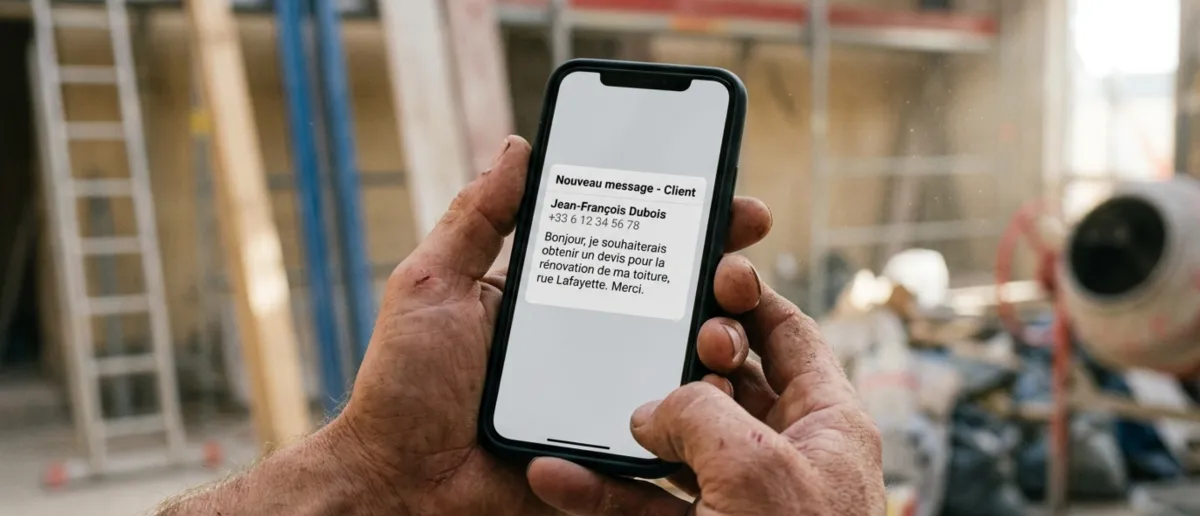 Artisan sur chantier recevant un SMS avec une demande de devis d'un nouveau client